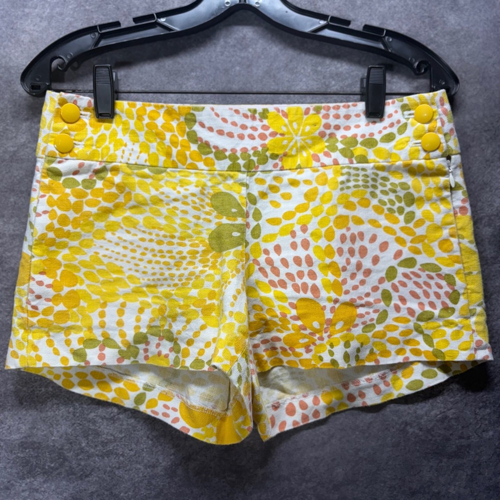 J.Crew City Fit Shorts Womens 2 Yellow Floral Mosaic 100% Linen Vacay Tropical